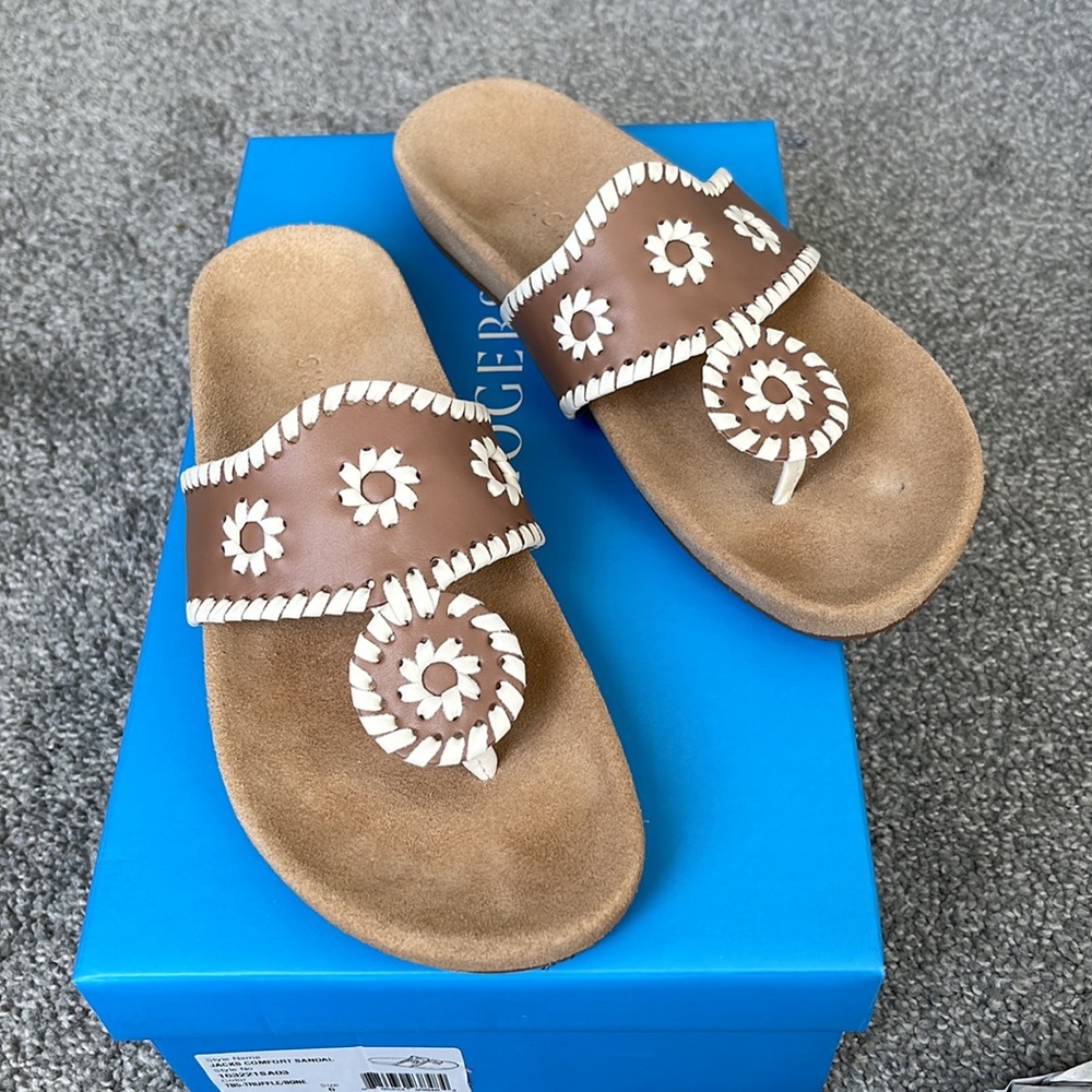 Jack Rogers Brown Leather Sandal with Cream Whipstitch
